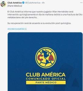 Comunicado del América, por la baja de Ilian Hernández en la final ante Cruz Azul.