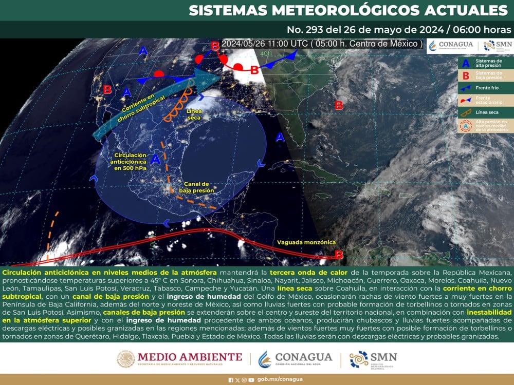 El SMN prevé lluvias fuertes con posibles tornados en el noreste y centro de México