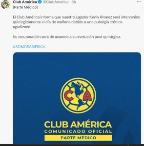 Comunicado del América sobre la baja de Kevin Álvarez, para la final ante Cruz Azul.