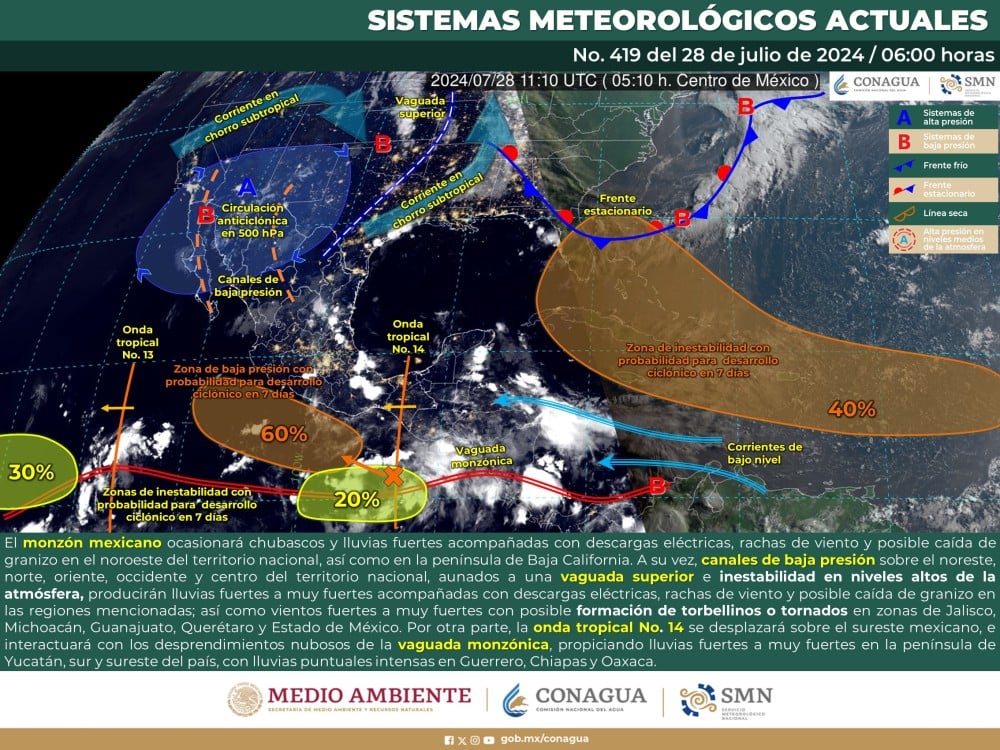 El SMN prevé lluvias intensas en Guerrero, Oaxaca y Chiapas