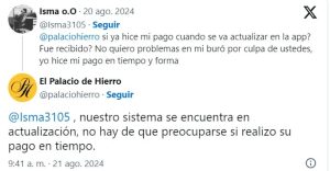 Comentario de otro usuario, y fue atendido por El Palacio De Hierro, en X.